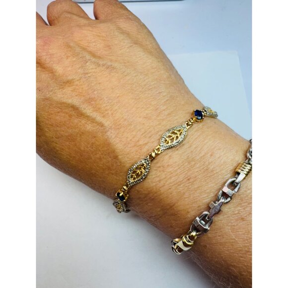 Estate 925 Gold Vermeil Blue Sapphire Tennis Bracelet 7” Two-Tone 8.4g - Picture 6 of 9